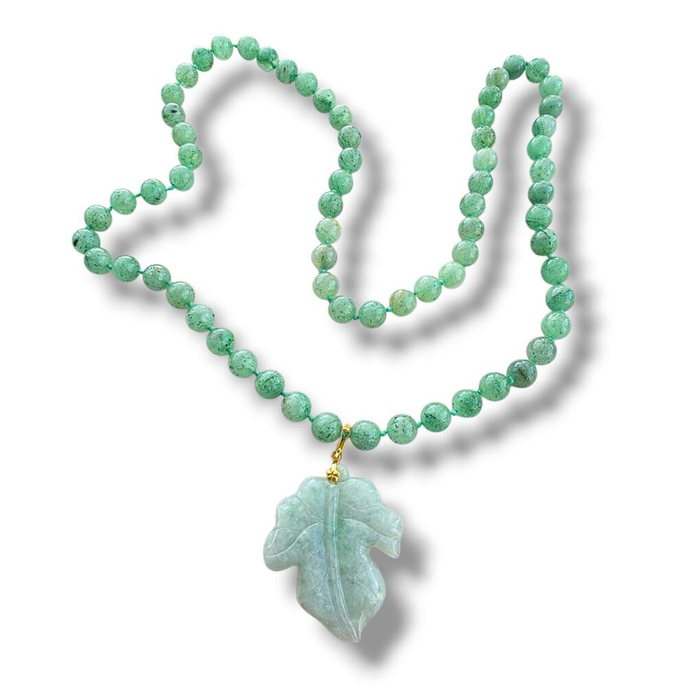 14K Yellow Gold Stamped Green Jade Beaded Necklace 32" Knotted Vtg Carved Stone